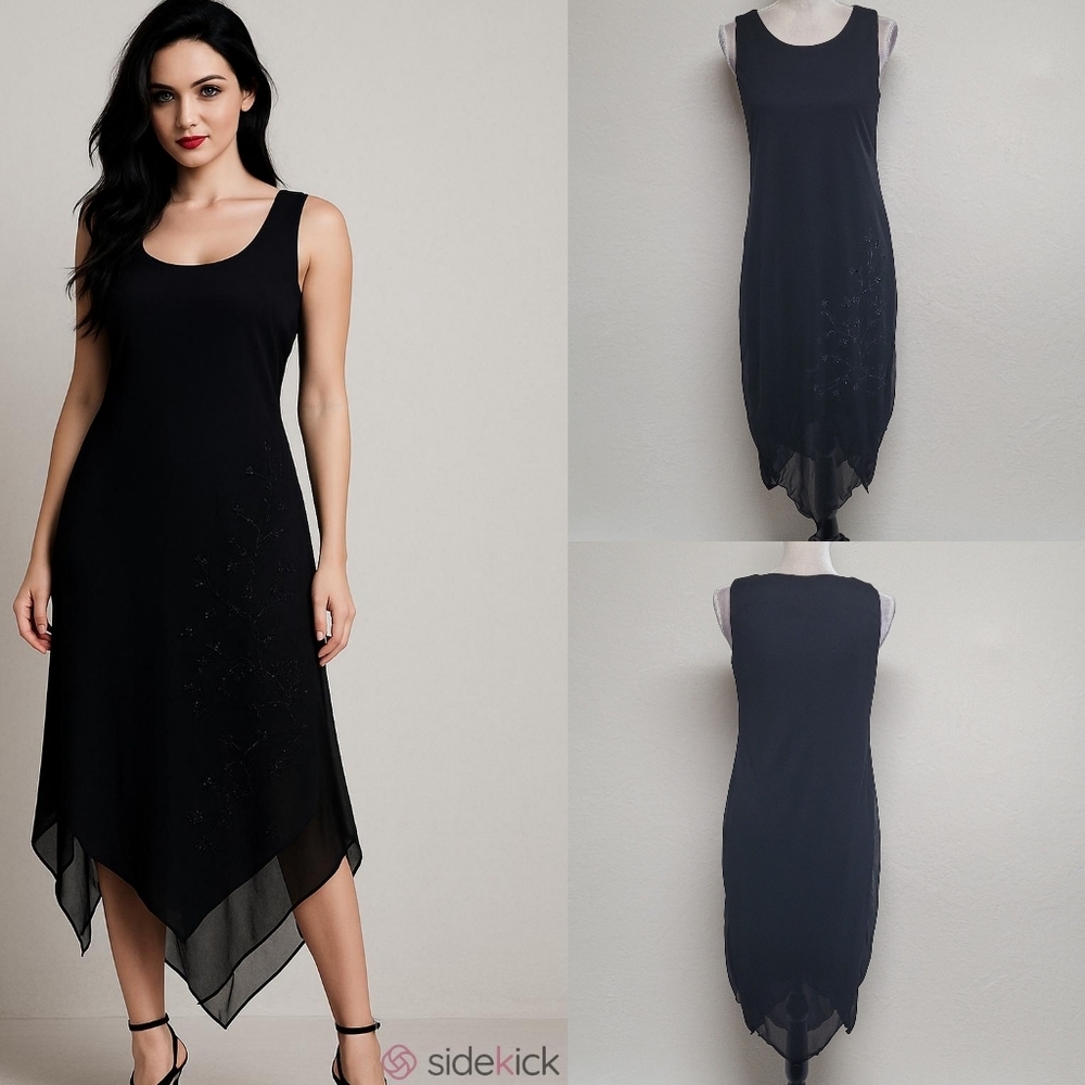 Vintage 90s AGB Black Semi-sheer Metallic Floral Handkerchief Hem Midi Dress 8